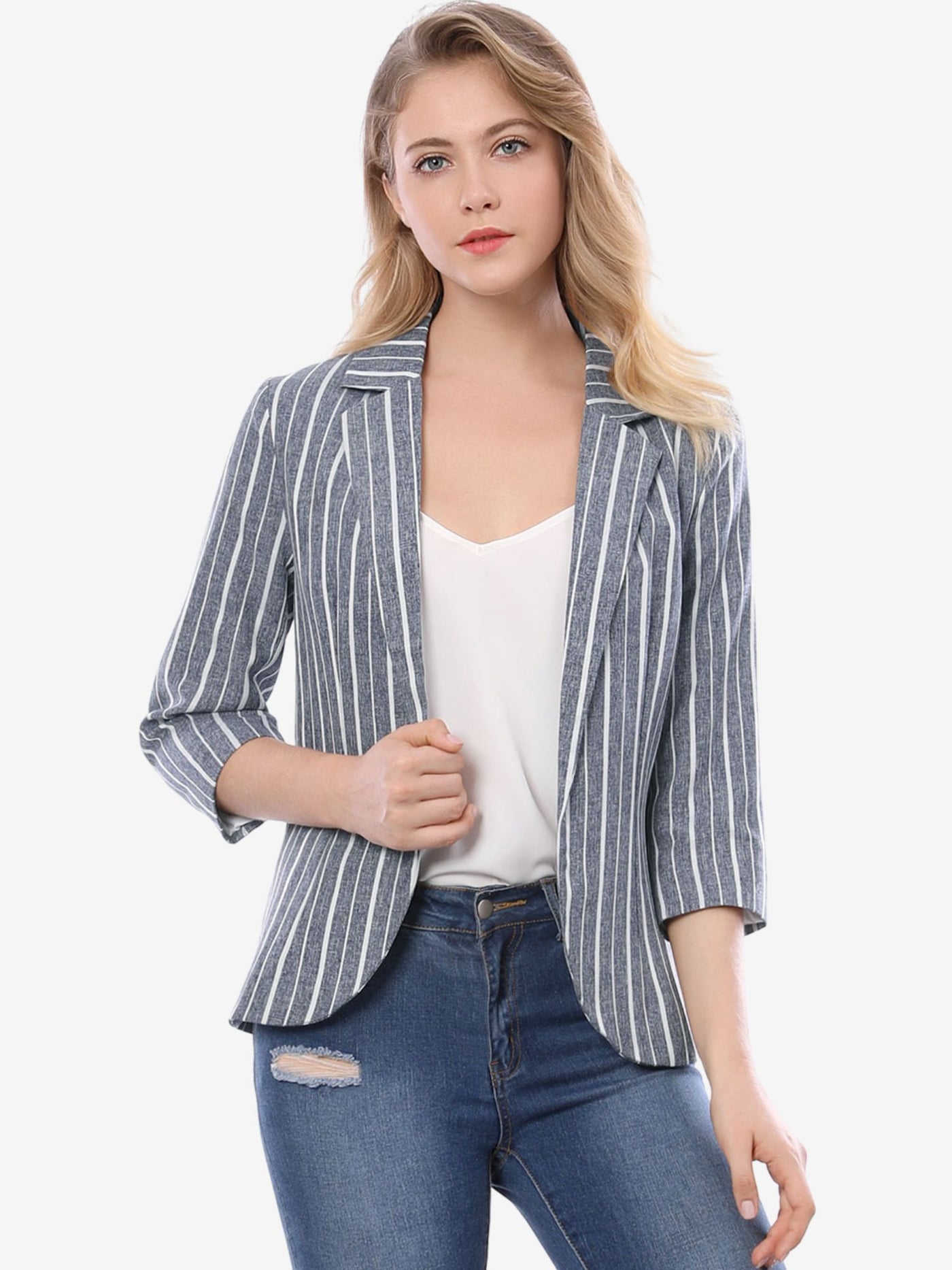 Allegra K Striped 3/4 Sleeve Open Front Notched Lapel Blazer