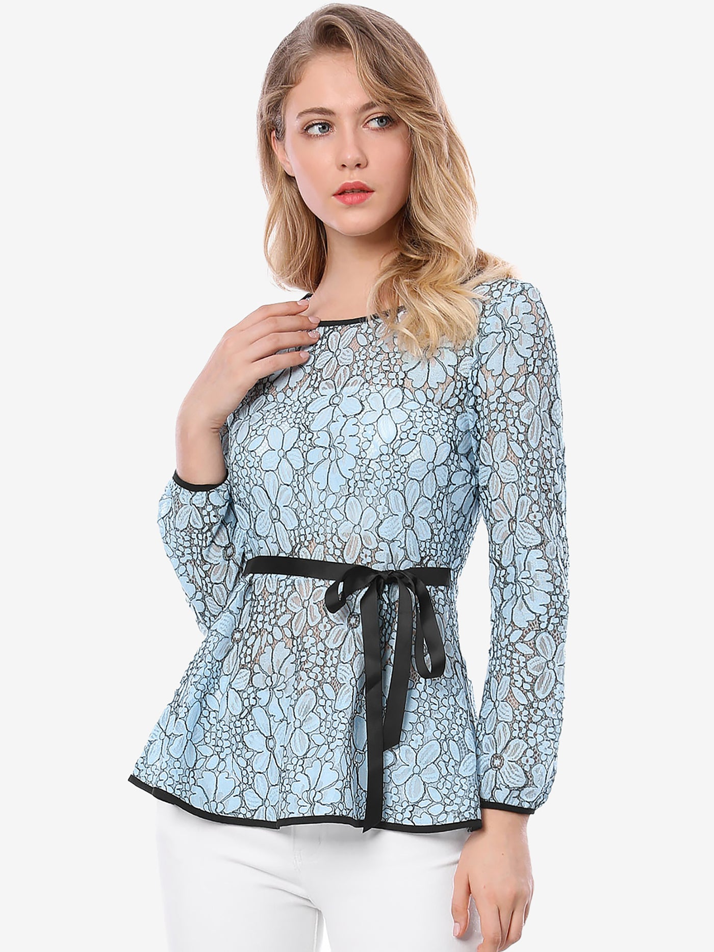 Allegra K Elegant Tie Waist Long Sleeve Top Lace Peplum Blouses