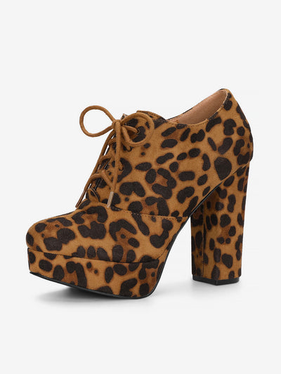 Leopard Print Platform Chunky Heel Lace Up Booties