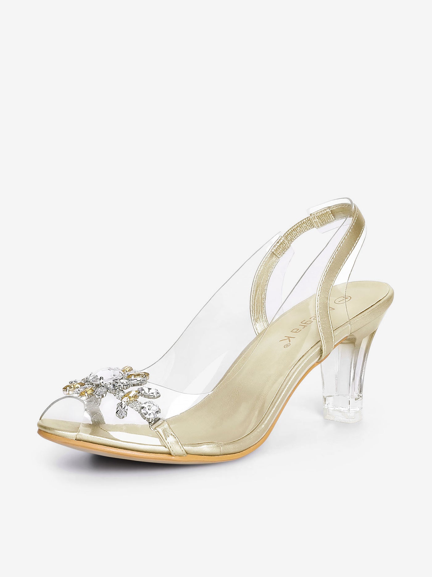 Allegra K Clear Slingback Flower Rhinestone Peep Toe Heel Sandals