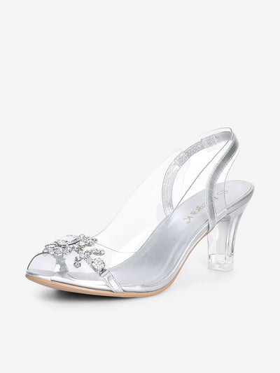 Clear Slingback Flower Rhinestone Peep Toe Heel Sandals