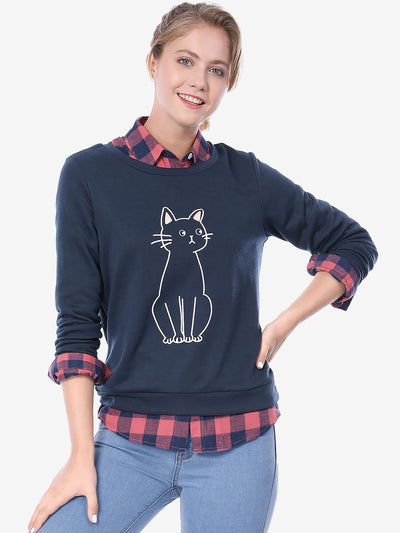 Allegra K Round Neck Long Sleev Cat Printed Winter Sweatshirt