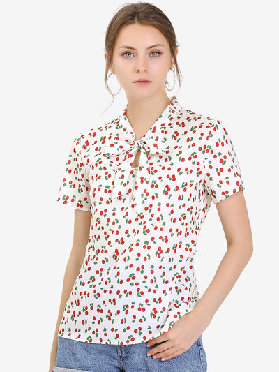 Bow Tie Neck Short Sleeve Printed Chiffon Blouse