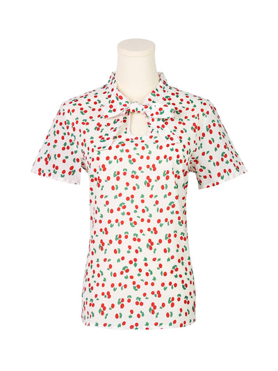 Bow Tie Neck Short Sleeve Printed Chiffon Blouse