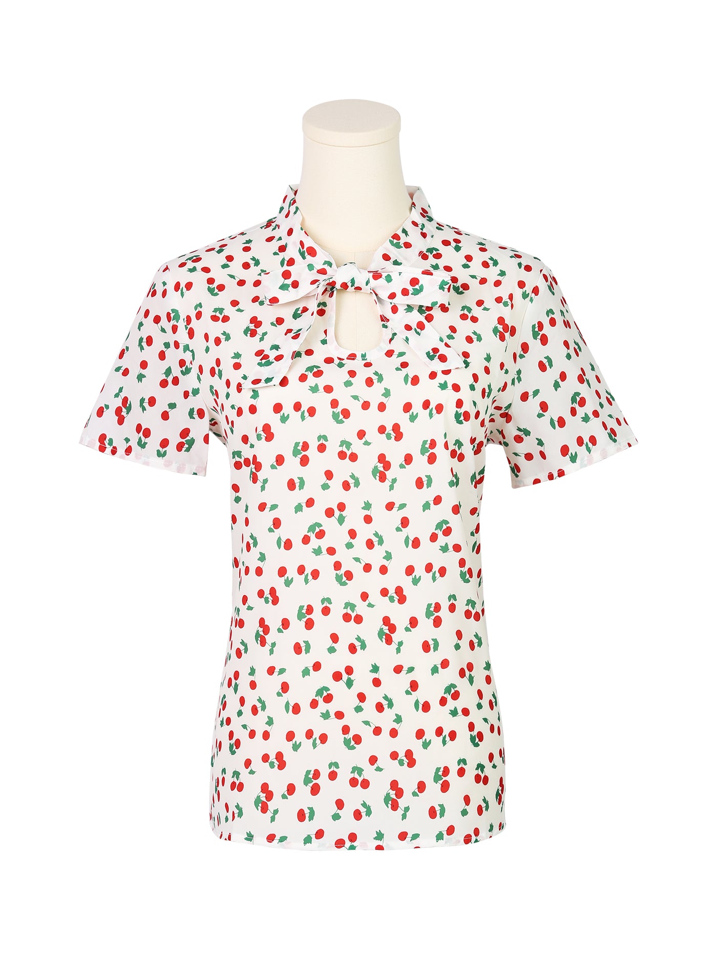 Allegra K Bow Tie Neck Short Sleeve Printed Chiffon Blouse