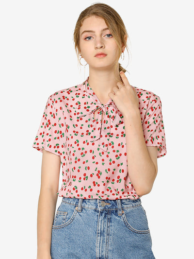 Bow Tie Neck Short Sleeve Printed Chiffon Blouse