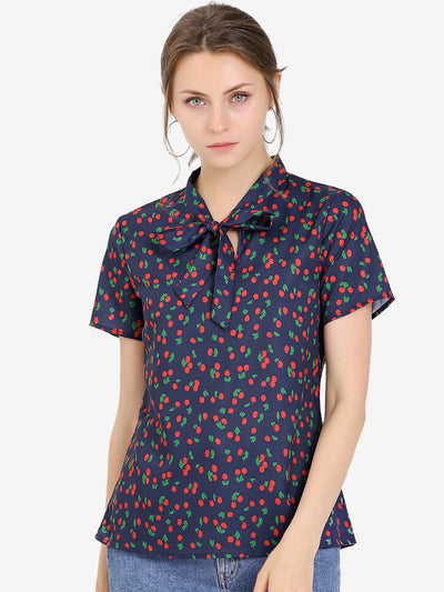 Bow Tie Neck Short Sleeve Printed Chiffon Blouse