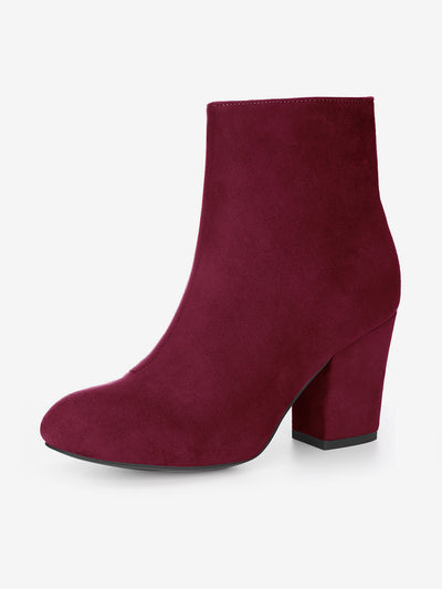 Faux Suede Round Toe Block Heel Zipper Ankle Boots