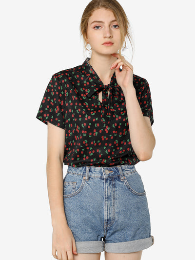 Bow Tie Neck Short Sleeve Printed Chiffon Blouse