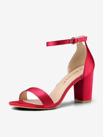 Satin Open Toe Ankle Strap Chunky Heel Sandals