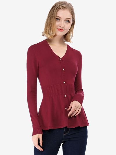 V Neck Long Sleeve Ribbed Pullover Knitted Peplum Top