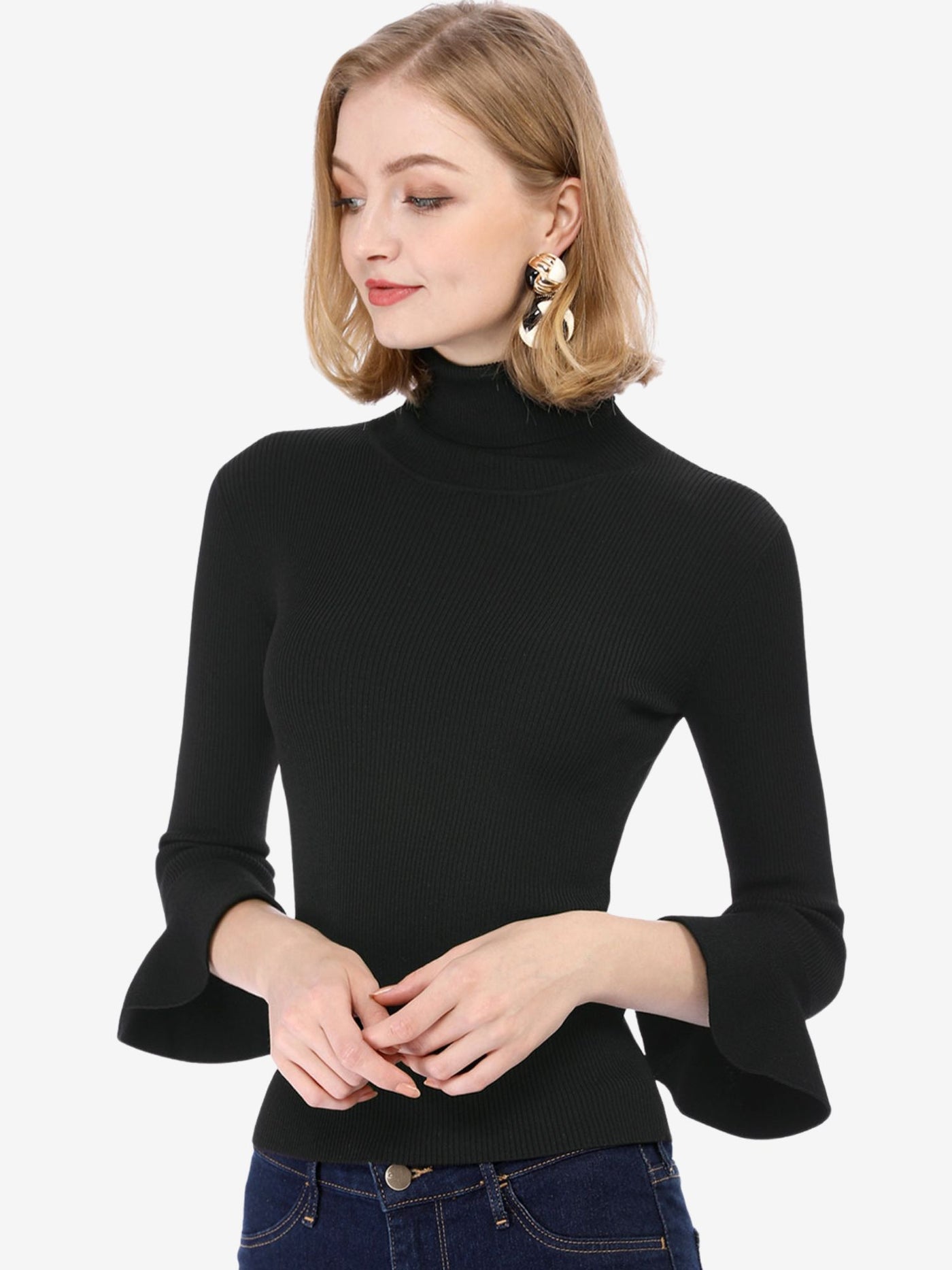 Allegra K Ruffled 3/4 Sleeve Turtleneck Knitted Pullover Sweater