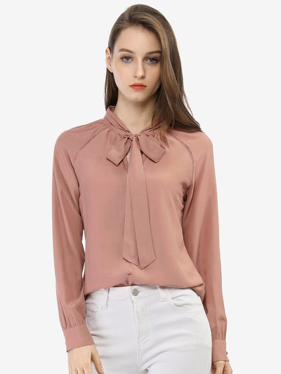 Office Long Sleeve Button Decor Elegant Bow Tie Neck Blouse