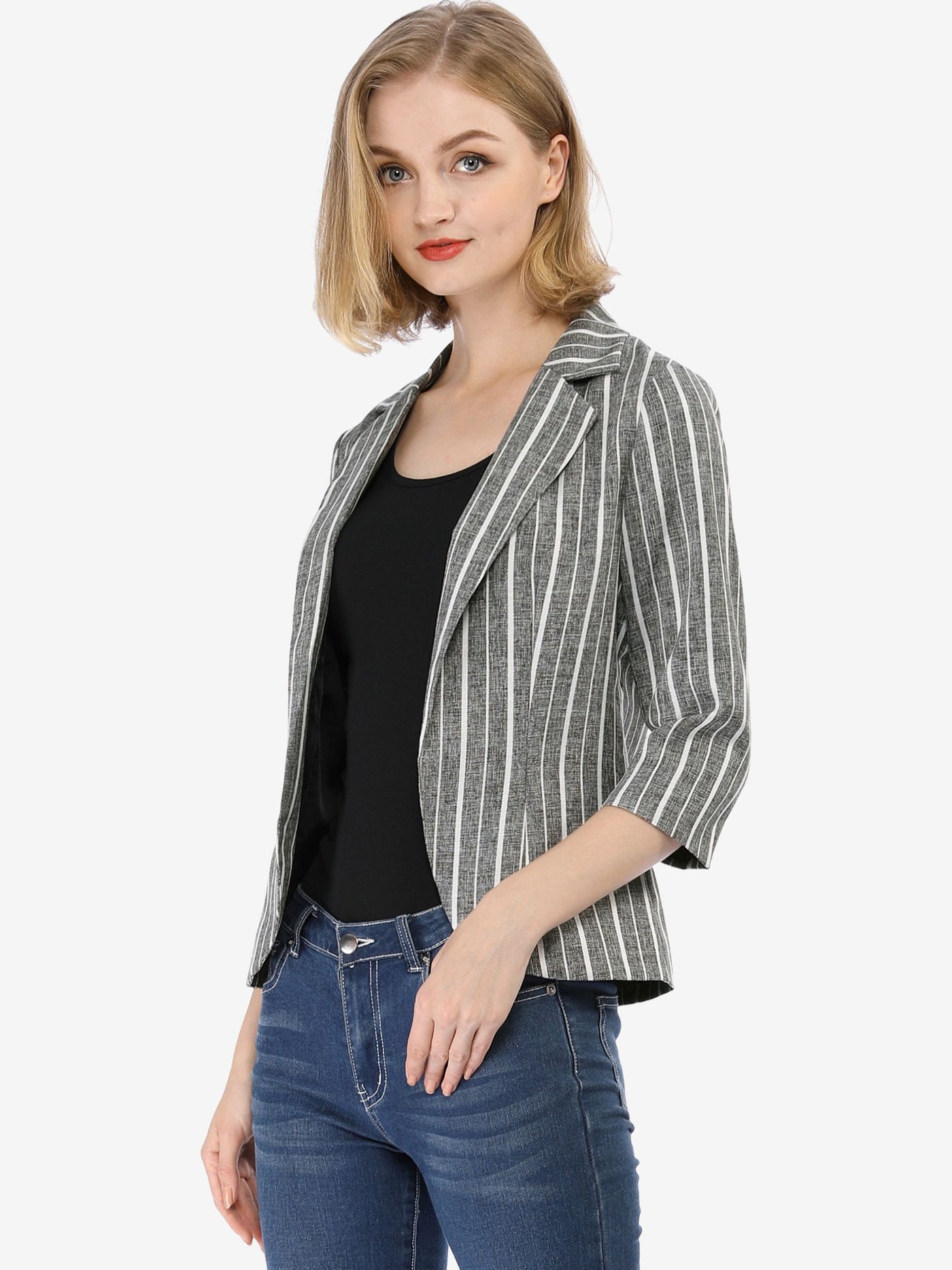 Allegra K Striped 3/4 Sleeve Open Front Notched Lapel Blazer