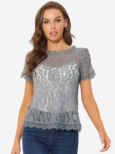 Lace Floral Scalloped Trim Short Sleeve Semi Sheer Blouse