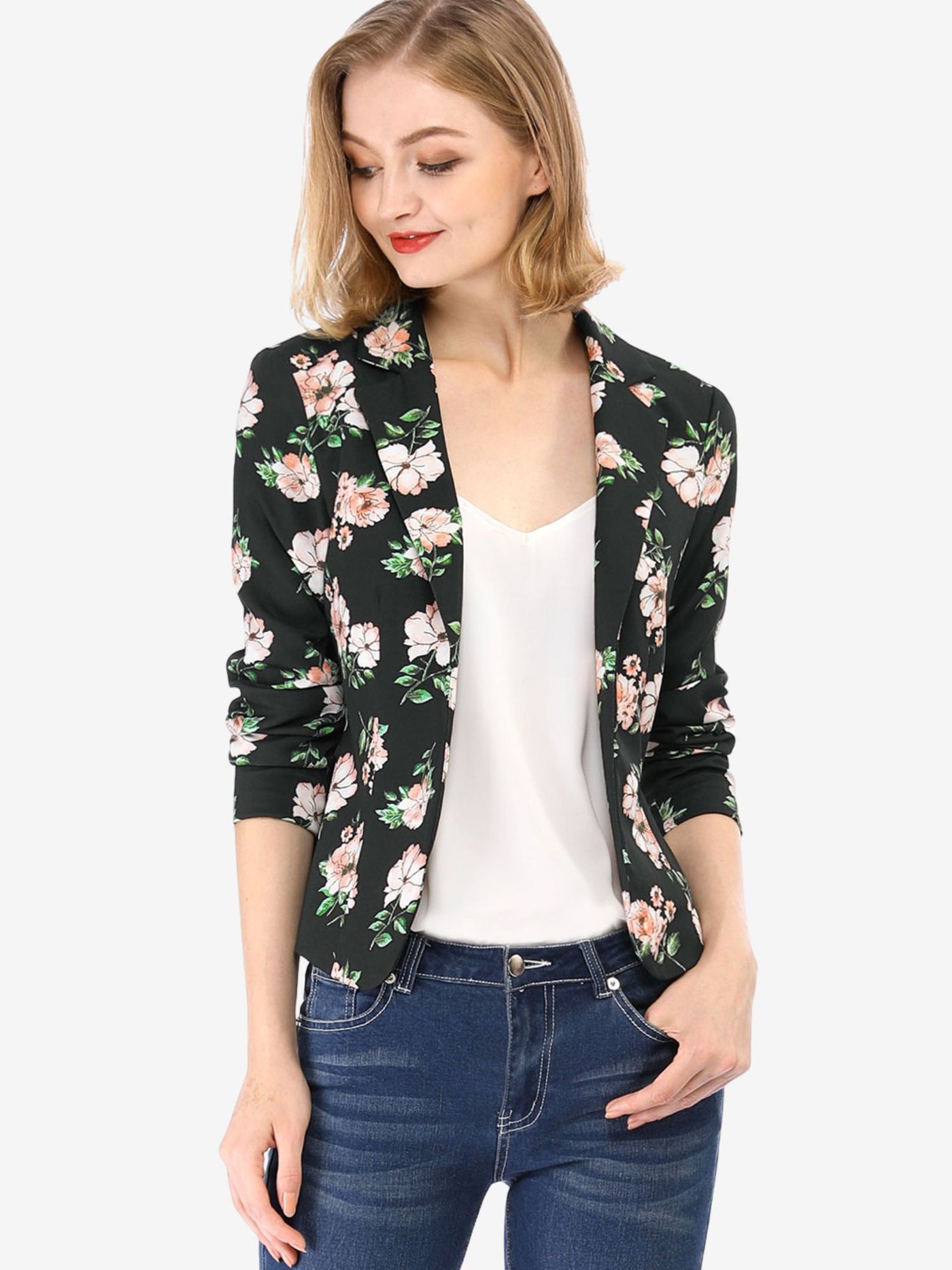 Allegra K Open Front Notch Lapel Floral Business Casual Suit Blazer