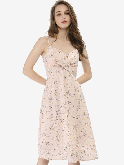 Floral Twist Front Knee Length Summer Adjustable Strap Dress