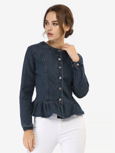 Peplum Denim Collarless Round Neck Cropped Ruffle Hem Jacket