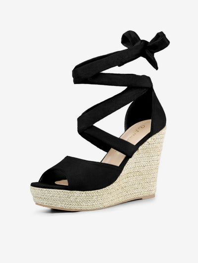 Faux Suede Lace Up Espadrille Wedge Heel Sandals