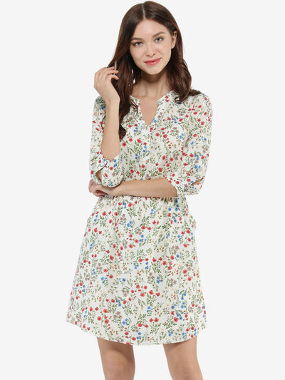 Button-Up V Neck 3/4 Sleeve Floral T-Shirt Dress with Pockets