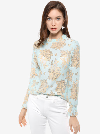 See Through Ruffle Frill Neck Long Sleeve Floral Lace Blouse