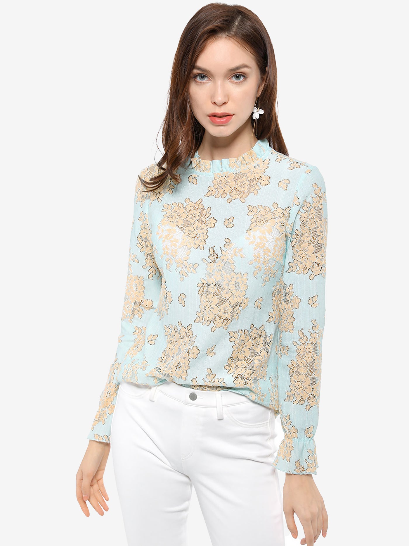 Allegra K See Through Ruffle Frill Neck Long Sleeve Floral Lace Blouse