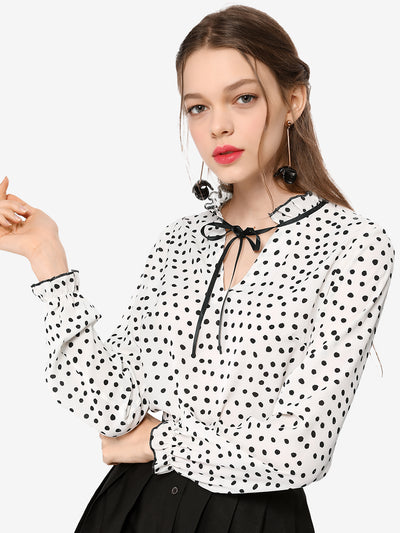 Bow Tie Neck Blouse Ruffled Collar Printed Long Sleeve Vintage Top