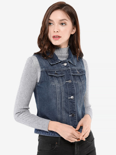 Buttoned Chest Flap Pocket Washed Denim Jacket Vest