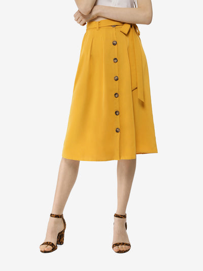 Button Front Casual High Waist Belted Midi Flare Skirt