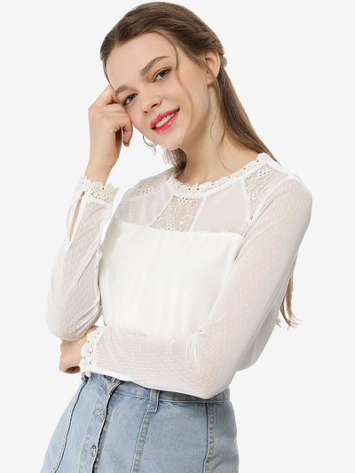 Lace Mesh Long Sleeve Top Round Neck Casual Elegant Blouse