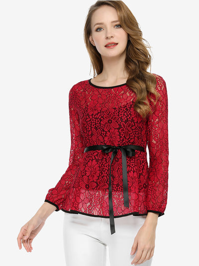 Elegant Tie Waist Long Sleeve Top Lace Peplum Blouses