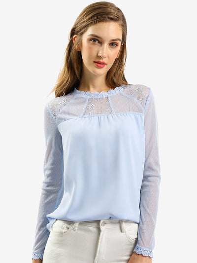 Lace Mesh Long Sleeve Top Round Neck Casual Elegant Blouse