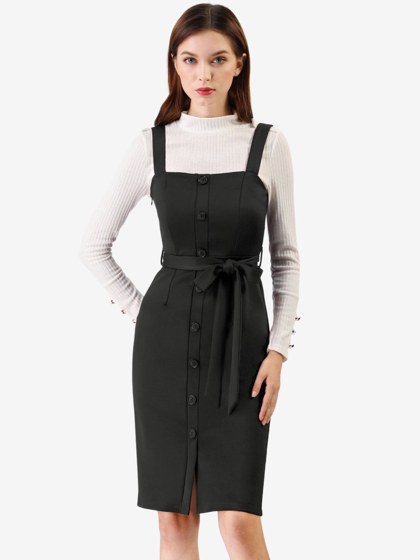 Allegra K Classic Button Front Sleeveless Tie Waist Pinafore Overall Dress