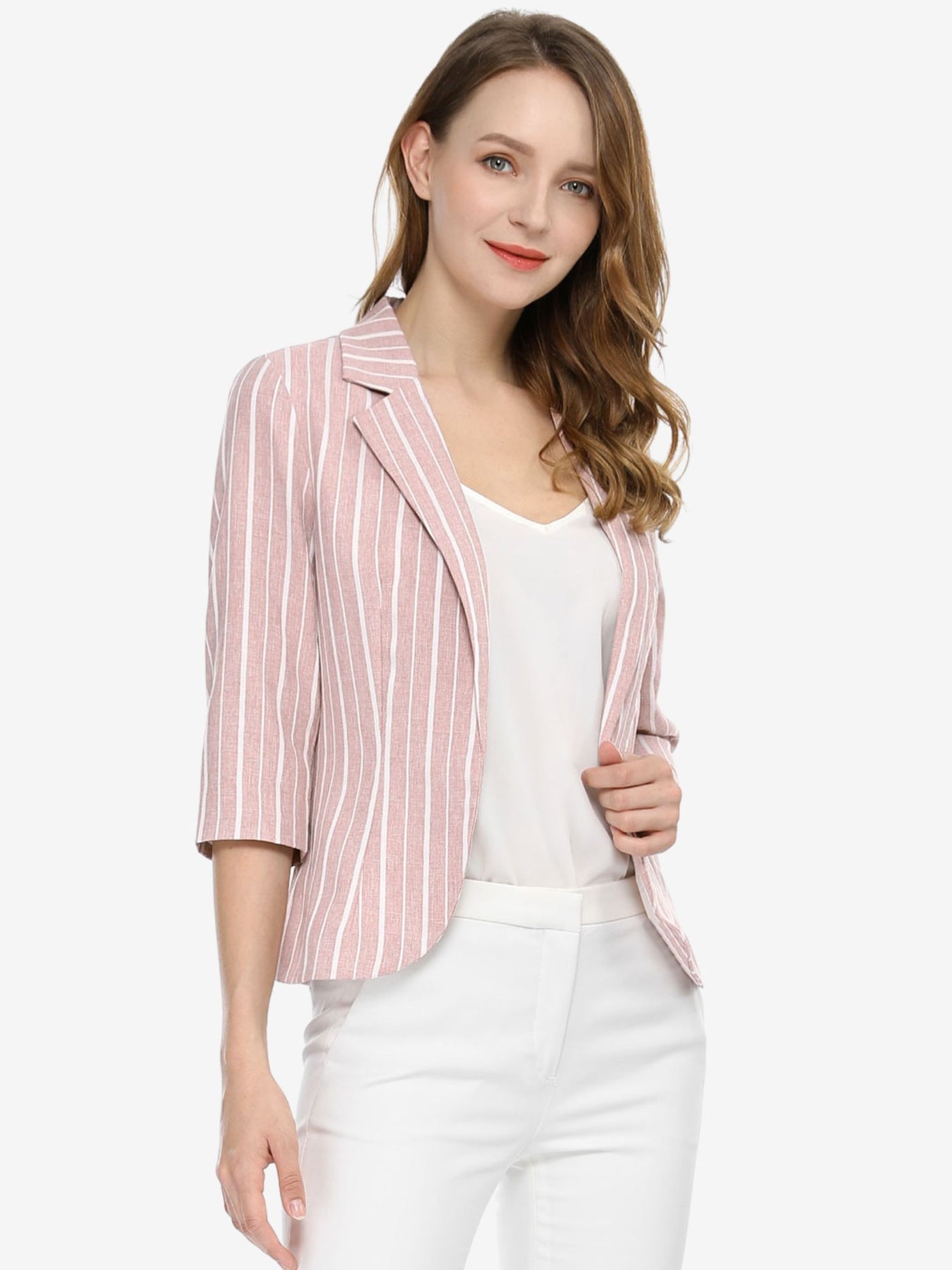 Allegra K Striped 3/4 Sleeve Open Front Notched Lapel Blazer