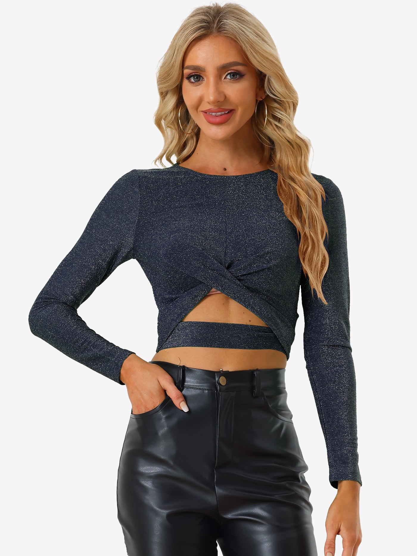 Allegra K Glitter Twist Long Sleeve Cut Out Slim Fitted Sparkle Crop Tops