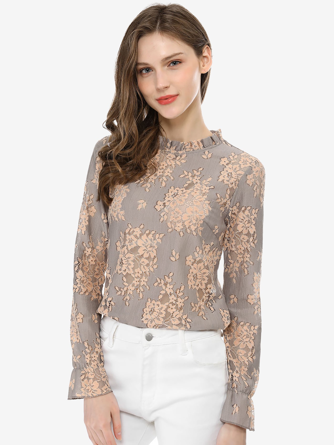 Allegra K See Through Ruffle Frill Neck Long Sleeve Floral Lace Blouse