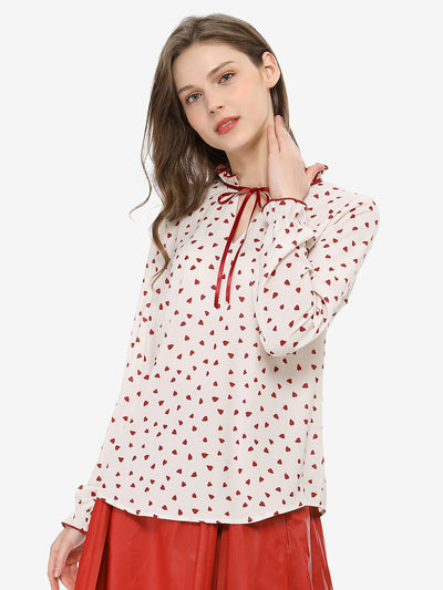 Bow Tie Neck Blouse Ruffled Collar Printed Long Sleeve Vintage Top