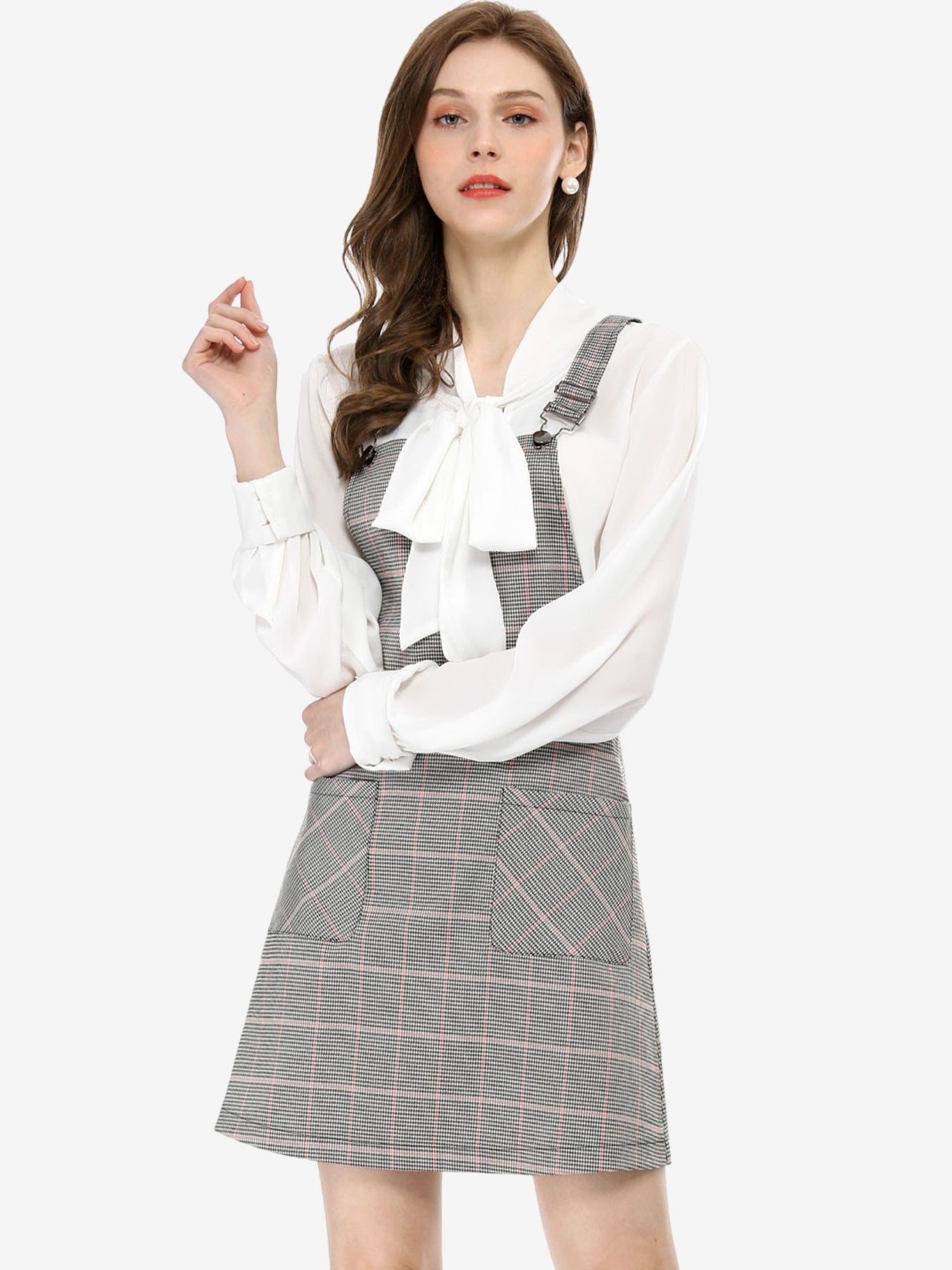 Allegra K Adjustable Strap Above Knee Plaid Printed Overall Suspender Skirt