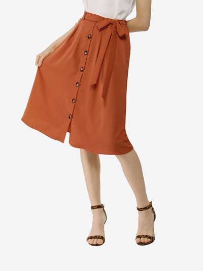 Button Front Casual High Waist Belted Midi Flare Skirt