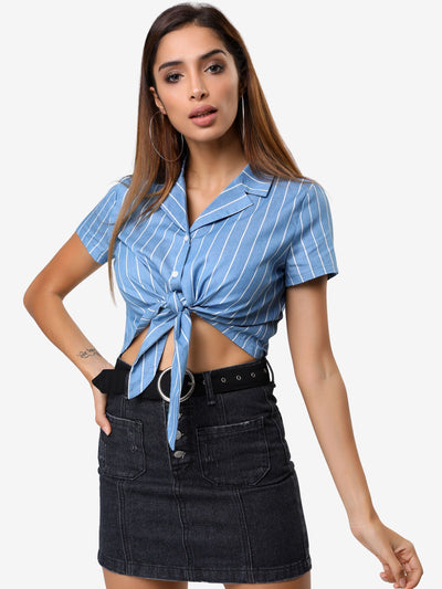 Striped Button Up Lapel Collar Top Short Sleeve Tie Front Crop Shirt