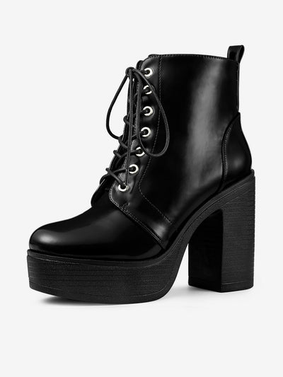 Allegra K Platform Chunky High Heel Lace Up Combat Boots