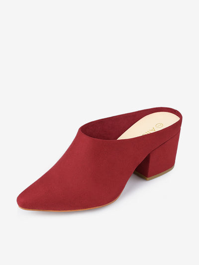 Faux Suede Pointed Toe Slip On Block Heel Slide Mules