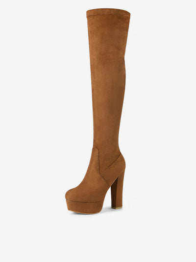 Faux Suede Platform Block Heel Over Knee High Boots