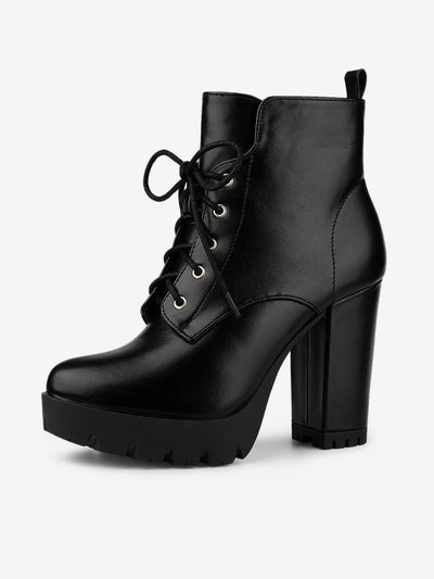 Round Toe Chunky Heel Lace Up Platform Boots