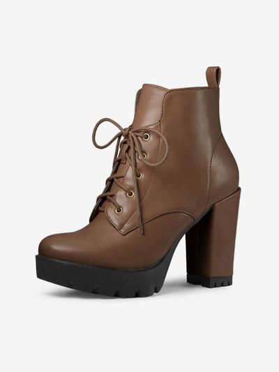 Round Toe Chunky Heel Lace Up Platform Boots