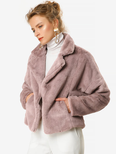 Allegra K Cropped Jacket Notch Lapel Faux Fur Fluffy Coat