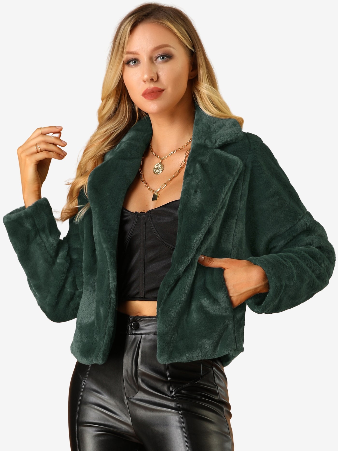 Allegra K Allegra K Cropped Jacket Notch Lapel Faux Fur Fluffy Coat