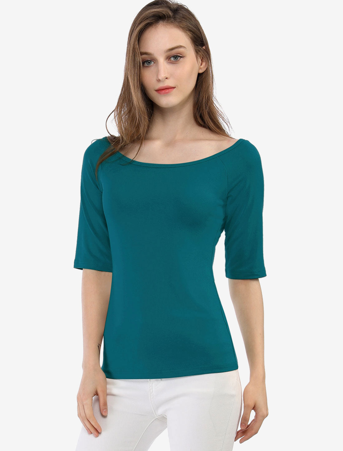 Allegra K Half Sleeve Scoop Neck Fitted Layering Top T-Shirt