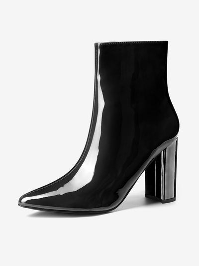 Faux Patent Leather Chunky Heel Pointed Toe Zipper Ankle Boots