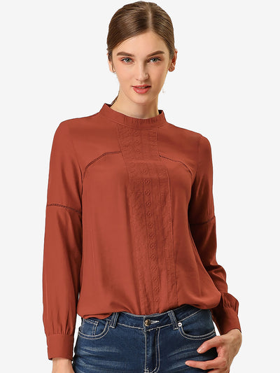 Floral Embroidery Long Sleeve Blouse Mock Neck Casual Peasant Top